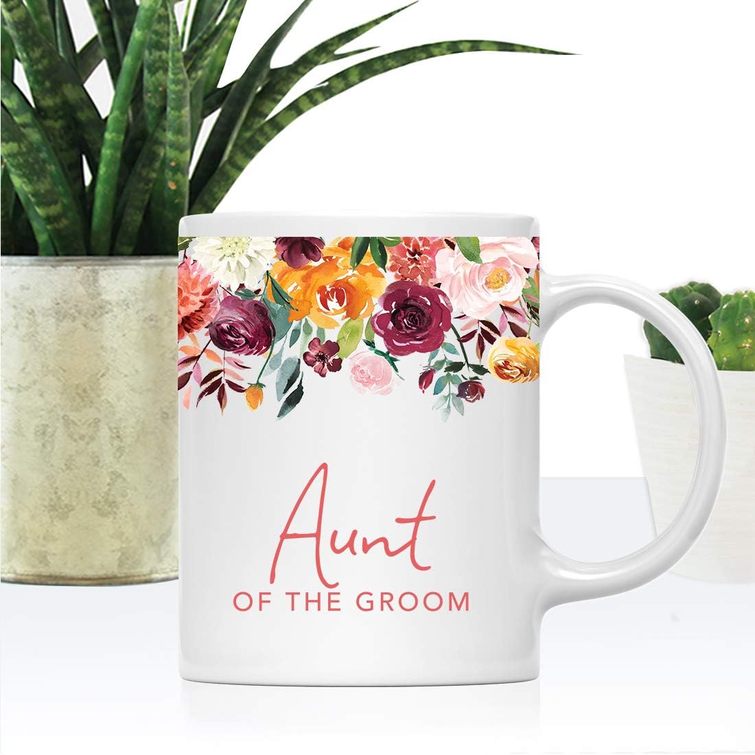 Andaz Press 11oz. Wedding Ceramic Coffee Tea Mug Gift, Fall Autumn Burgundy Orange Peach Flowers Roses Florals, Aunt of the Groom, 1-Pack, Includes Gift Box