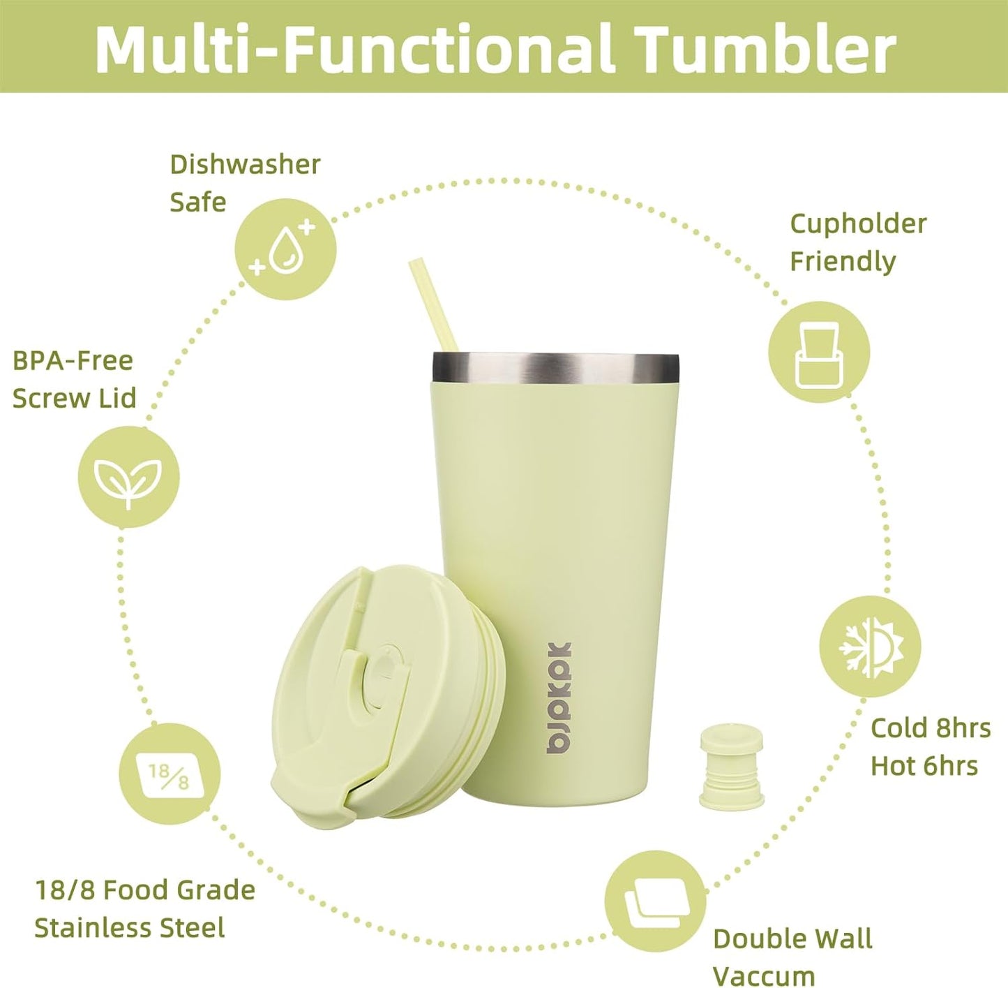 BJPKPK 18oz Insulated Tumbler With lid And Straw Stainless Steel Tumblers Travel Coffee Mug Reusable Thermal Cup,Macaron Green