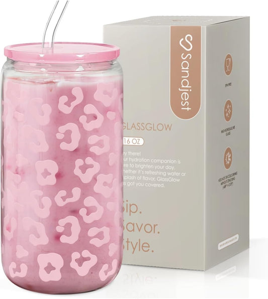 SANDJEST Leopard Glass Bottle, Pink Leopard Print Glass Cup with Lid & Straw, Iced Coffee Aesthetic Glass Can, Gifts for Women, Christmas Birthday Mother's Day