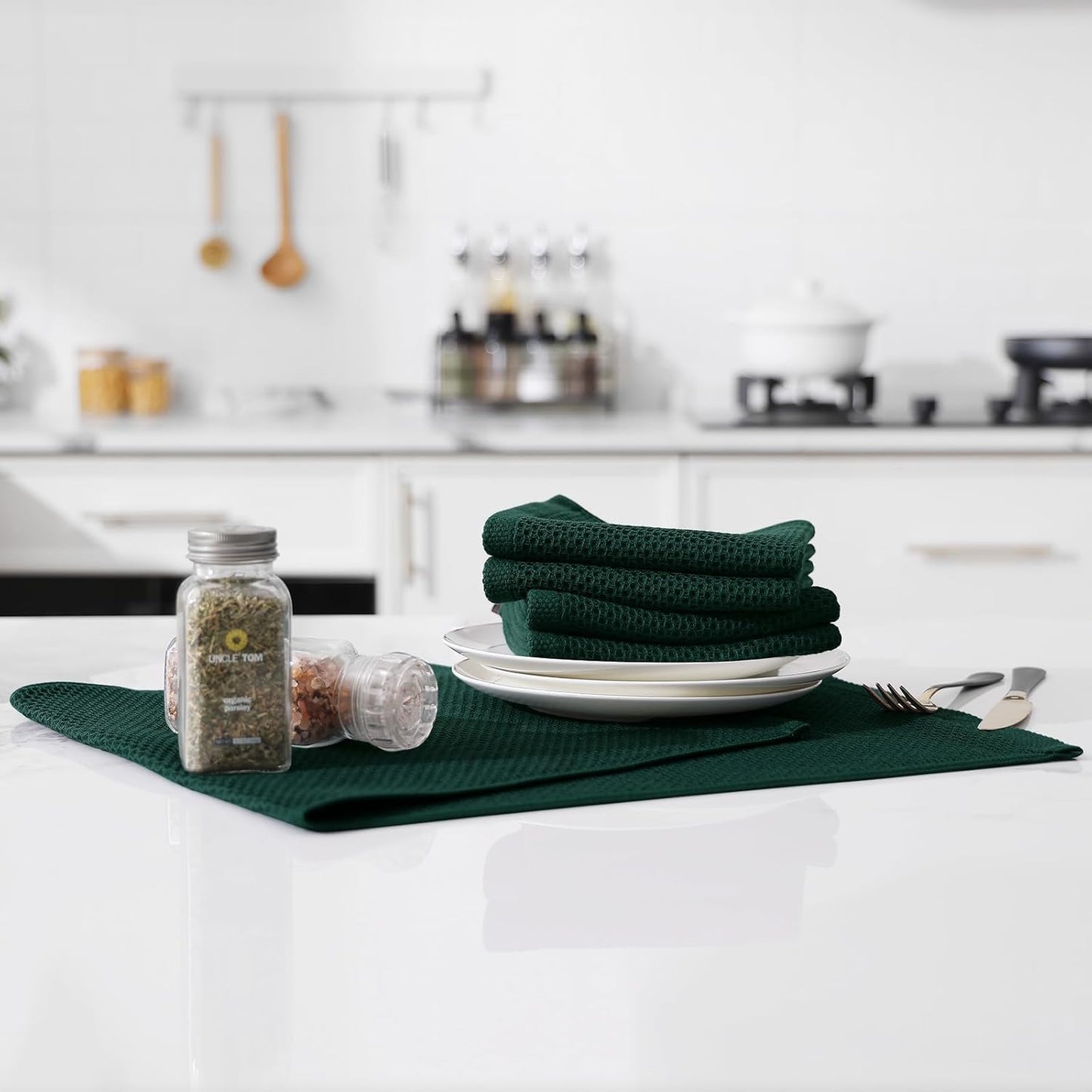 Kitinjoy 100% Cotton Waffle Weave Kitchen Towels, 8-Pack Super Soft and Absorbent Dish Towels for Drying Dishes, Kitchen Hand Towels, 13 in x 28 in, Blackish Green