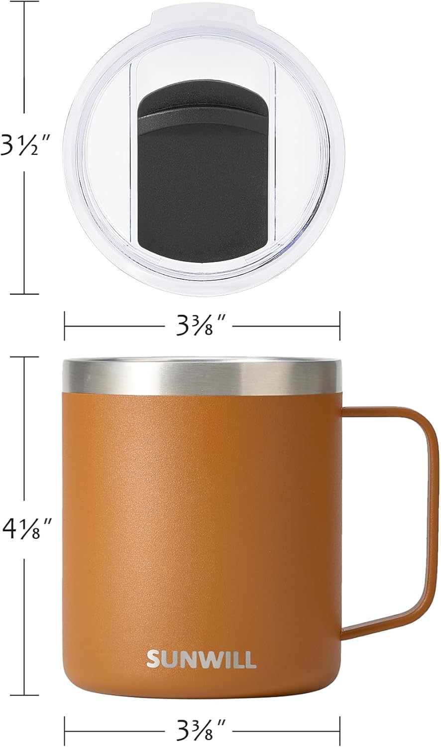 SUNWILL Insulated Coffee Mug with Lid, Travel Tumbler with Handle, 14 oz Stainless Steel Cup for Camping, Office, Home, Powder Coated Caramel