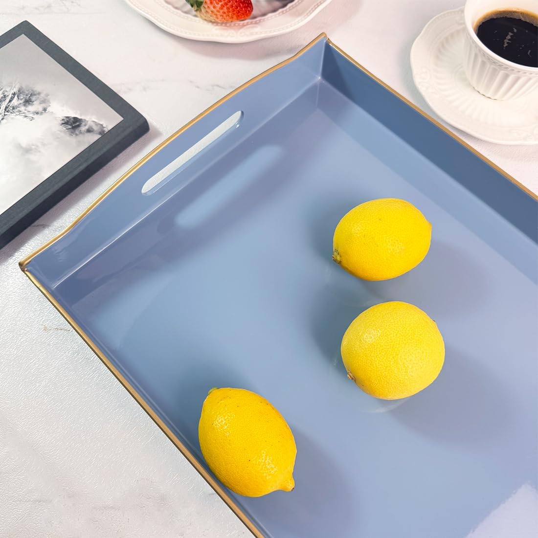 Blue Serving Tray with Handles, Plastic Decorative Tray for Coffee Table, Ottoman - Ideal for Living Room & Bathroom. 15” x 11” x 2.5”