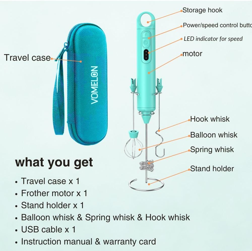 Rechargeable Milk Frother Handheld 3 Speed Coffee Foamer [3 Whisk] Electric Drink Mixer for Latte, Cappuccino, Coffee, Eggs, Hot Chocolate, Mint