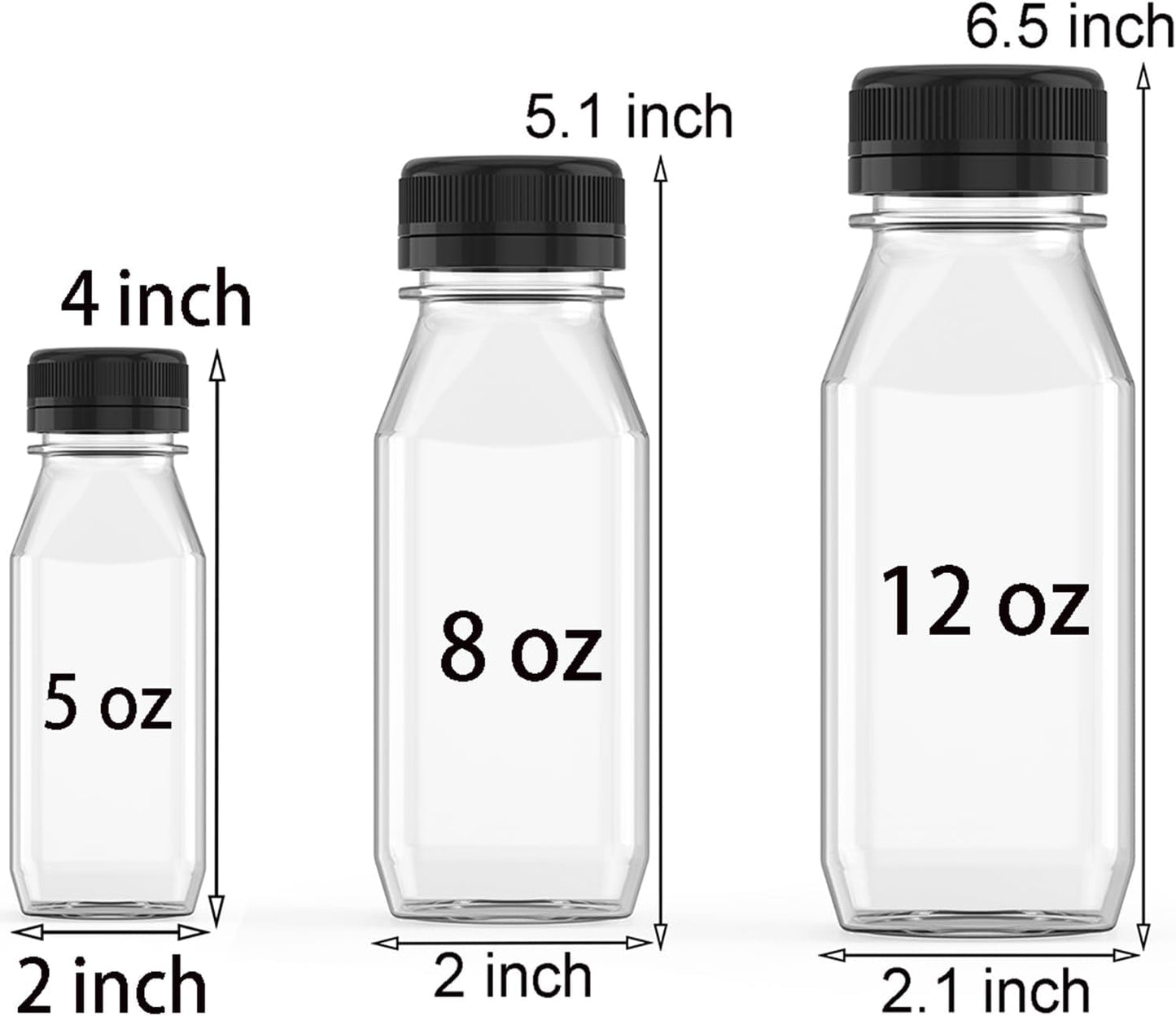 5 Pcs 8 oz Plastic Juice Bottle Reusable Transparent Bulk Beverage Containers with Black Lids for Juice, Drinking Milkshake Tea, Milk, Juicing Smoothie Water and Other Beverages, Fridge Storage