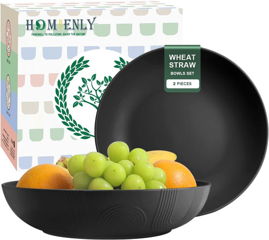 Homienly Wheat Straw Large Salad Bowl Set - Salad Bowls for Kitchen, Party, 60 OZ Large Capacity Serving Bowls Set of 2, Microwave and Dishwasher Safe Big Fruit Bowls (Black)