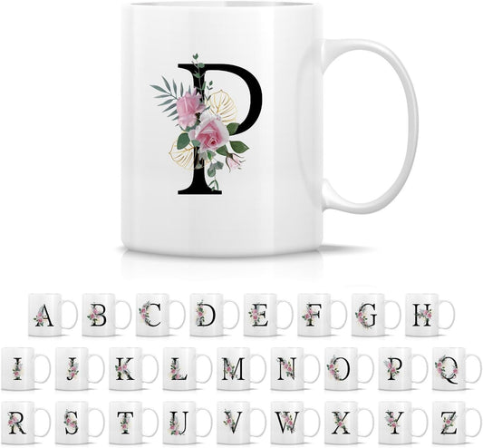 Retreez Initial A-Z Floral Botanical Bouquet Alphabet Monogrammed Monogram Mug 11 Oz Ceramic Tea Coffee Mugs - Appreciation Thank You Wedding Birthday Gifts for her friend coworker sister - P Initial