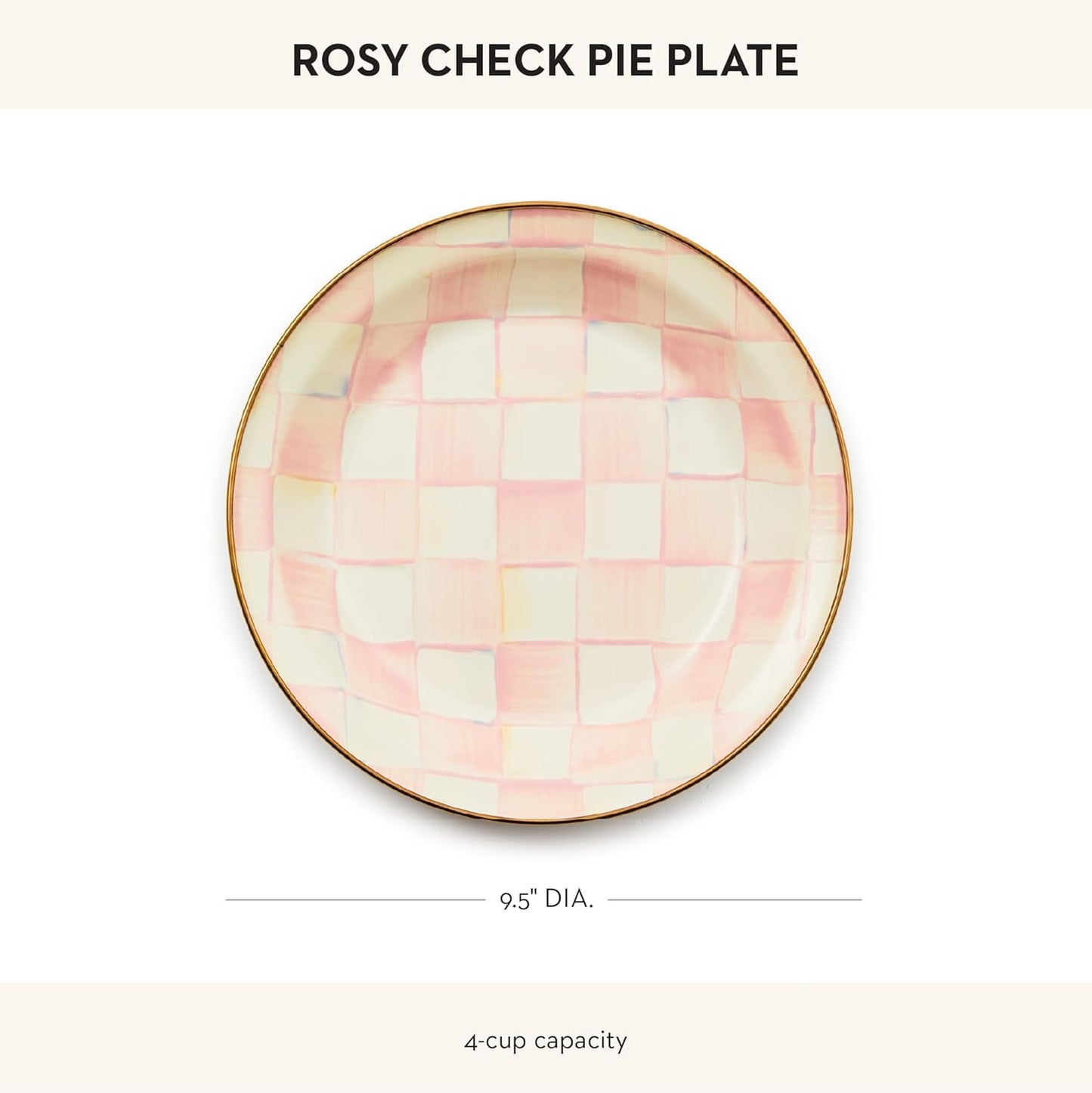MACKENZIE-CHILDS Enamel Pie Plate, Ovenproof Pie Pan for Cooking and Serving, Pink-and-White Rosy Check