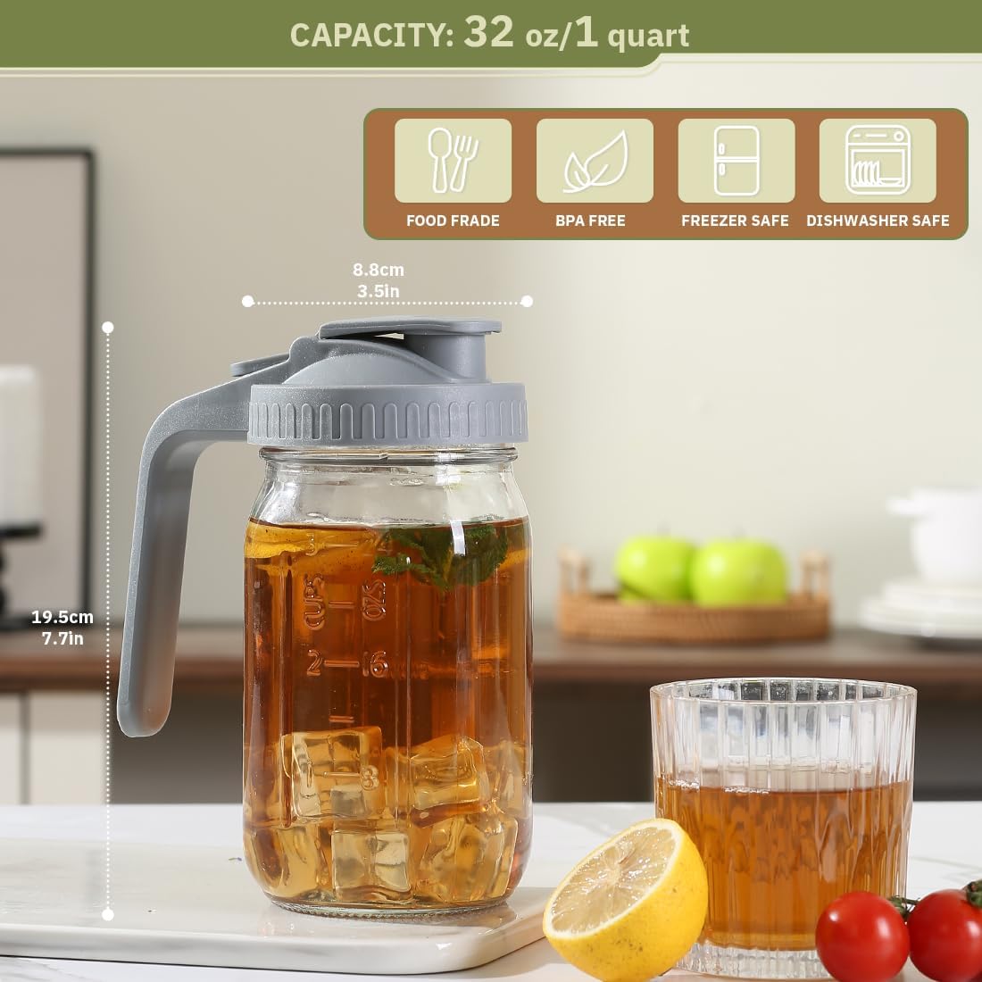 Glass Tea Pitcher with Wide Mouth Airtight Lid Leak Proof Fridge Container with Gray Lid Mason Jar for Water, Tea,Juice and Drinks (1 Pack-32OZ)