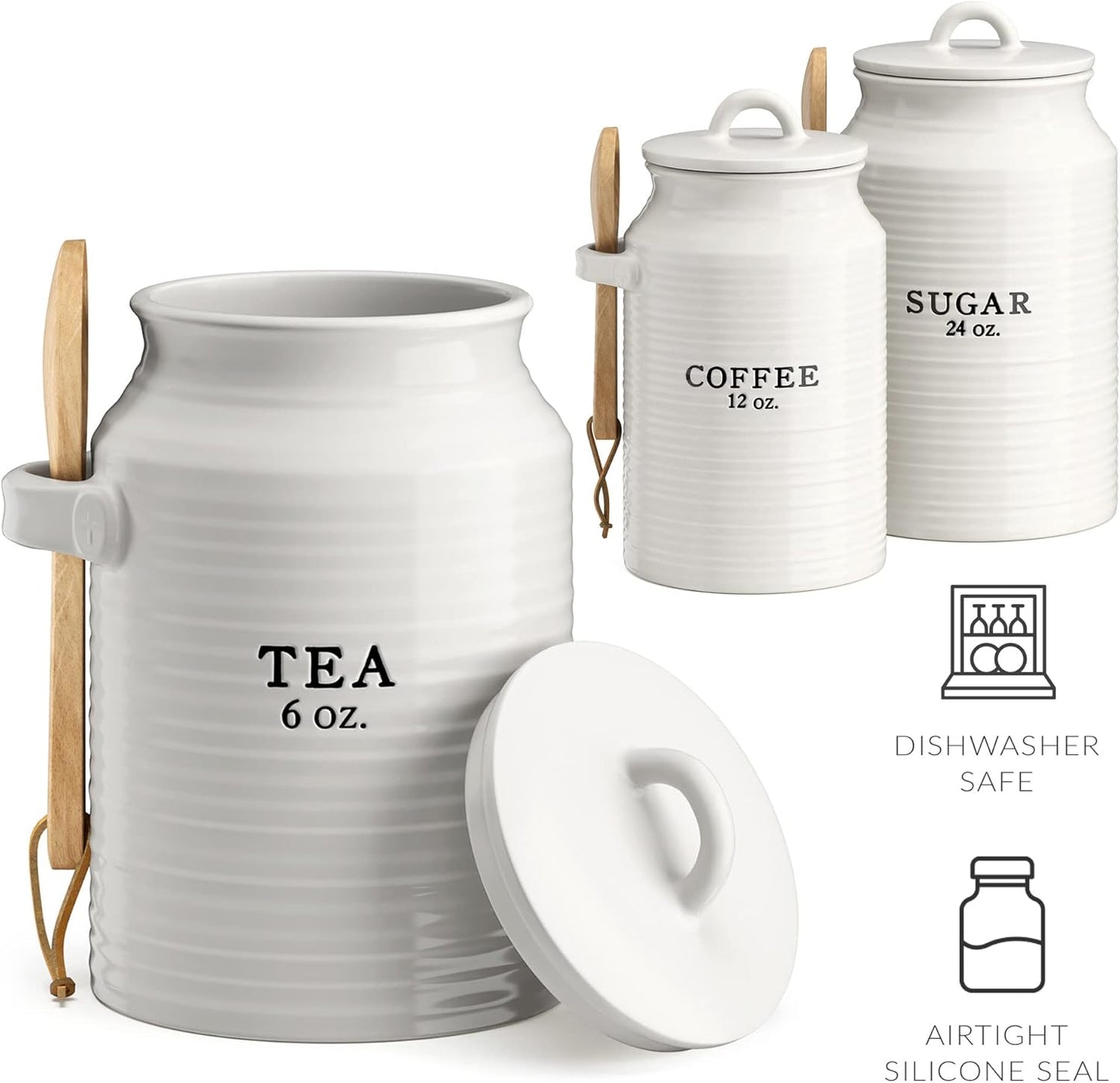 Barnyard Designs Canister Set for Kitchen Counter, Coffee Tea Sugar Container Ceramic Set, Decorative Canisters, Rustic Farmhouse Canister Jars, White (Coffee/Sugar/Tea)