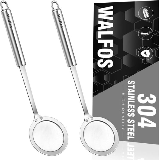 Walfos Skimmer Spoon,304 Stainless Steel Fine Mesh Strainer,Foam Strainer Oil Filter,Ultra Fine Mesh Strainer Perfect For Separation Of The Floating Foam,Fat,Set fo 2