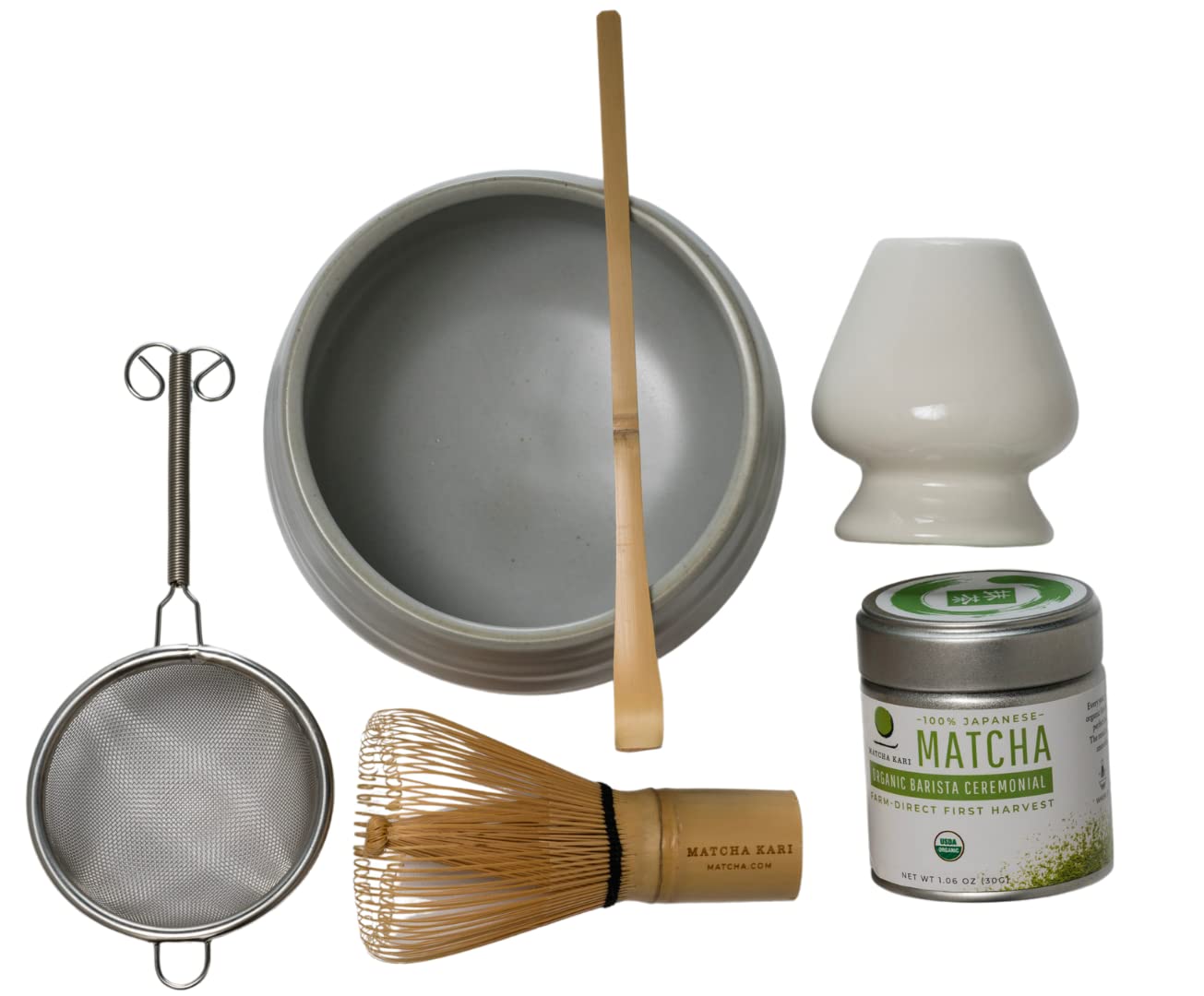 Matcha Kari Dr. Weil Complete Tea Set - White - Japanese Ceremonial Organic Matcha with Whisk and Holder, Ceramic Bowl, Sifter, and Scoop