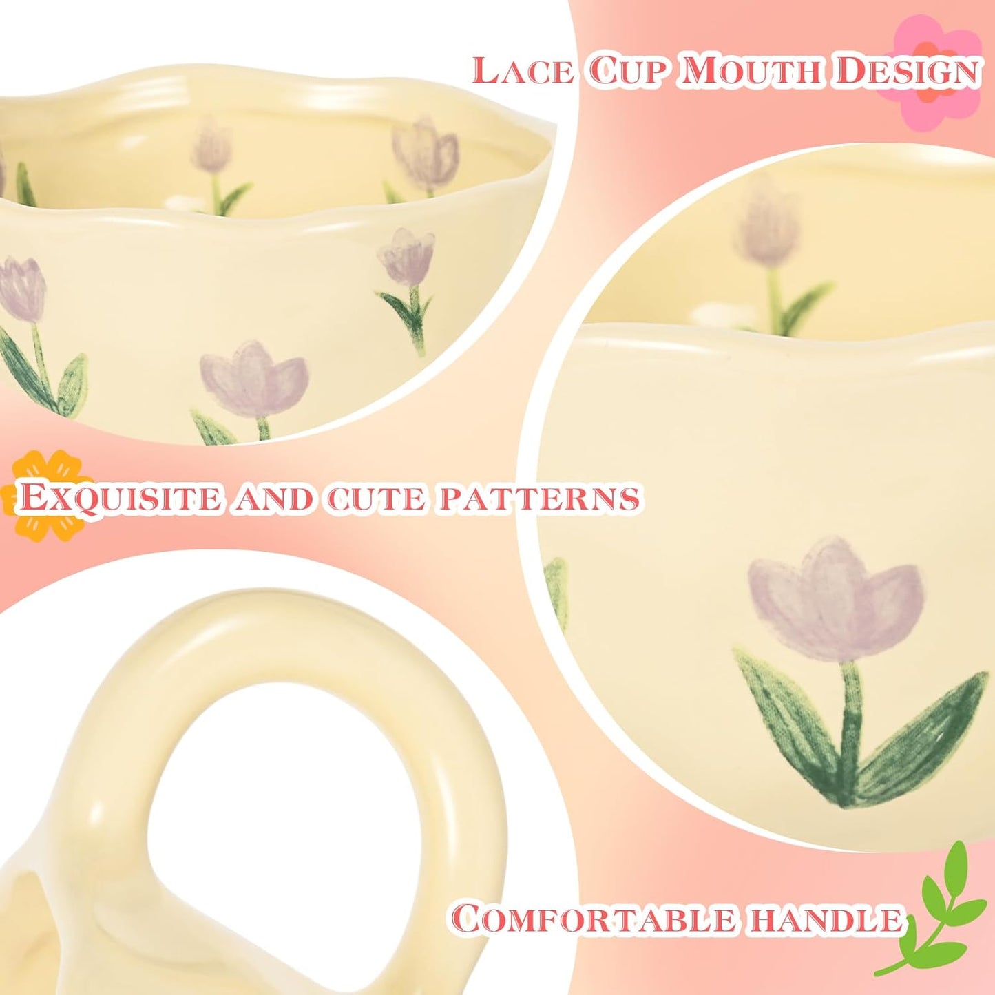 Ceramic Coffee Mug Vintage Flower Mugs 8 oz Cute Floral Coffee Mugs Irregular Latte Art Cup Lead-free Porcelain Cups for Cappuccino, Cocoa (Purple Tulips)