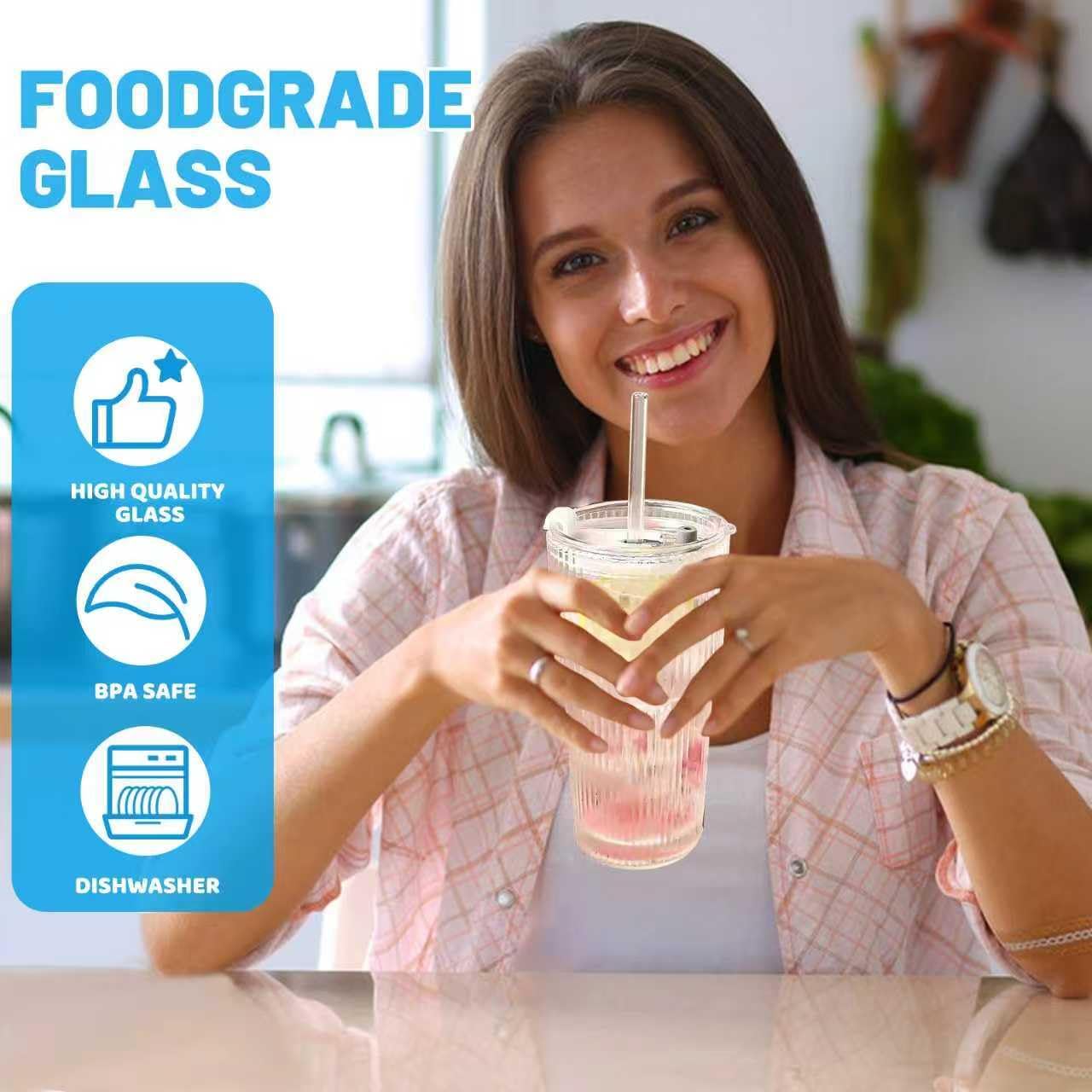 20 oz Glass Tumbler with Lid and Straw, 4 Pack Clear Ribbed Iced Coffee Cup, High Borosilicate Glass Tumbler, Reusable Vintage Glassware for Iced Coffee, Smoothies, Cocktails, and Juices