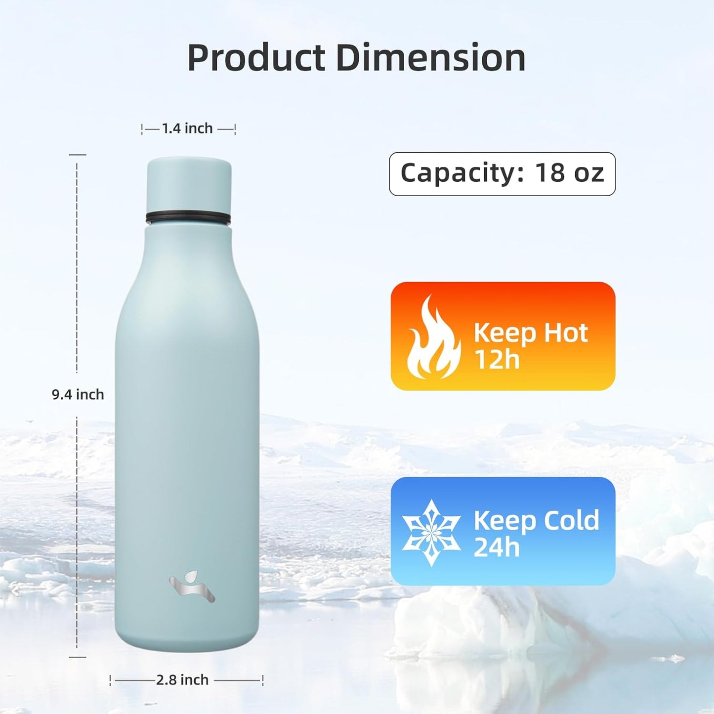 Insulated Water Bottle with Strap,18 oz Double Wall Stainless Steel Vacuum Bottles Metal Water Flask,Ice Blue
