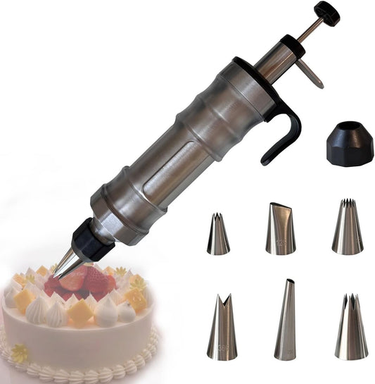 Dessert Decorating Piping Syringe Set Cake Decorating Tool Cookie Gun Press,Icing Decoration Gun,Frosting Piping Kit 6 Piping Icing Nozzles for Baking,Decorating Cupcake,Deviled Eggs (Silver & Black)