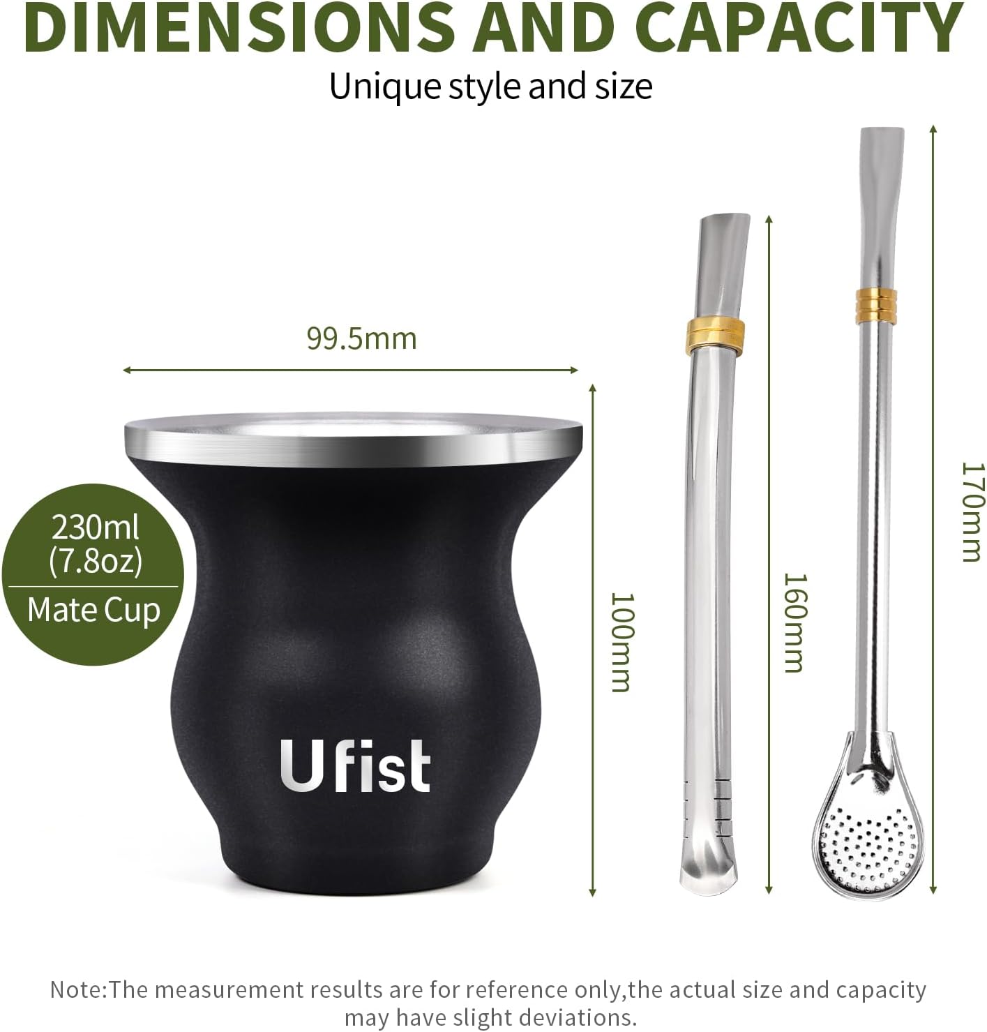 Yerba Mate Cup Set, Include Stainless Steel Double-Wall Mate Gourd with 2 Bombilla Straws and Cleaning Brush, 7.8oz Capacity, Black