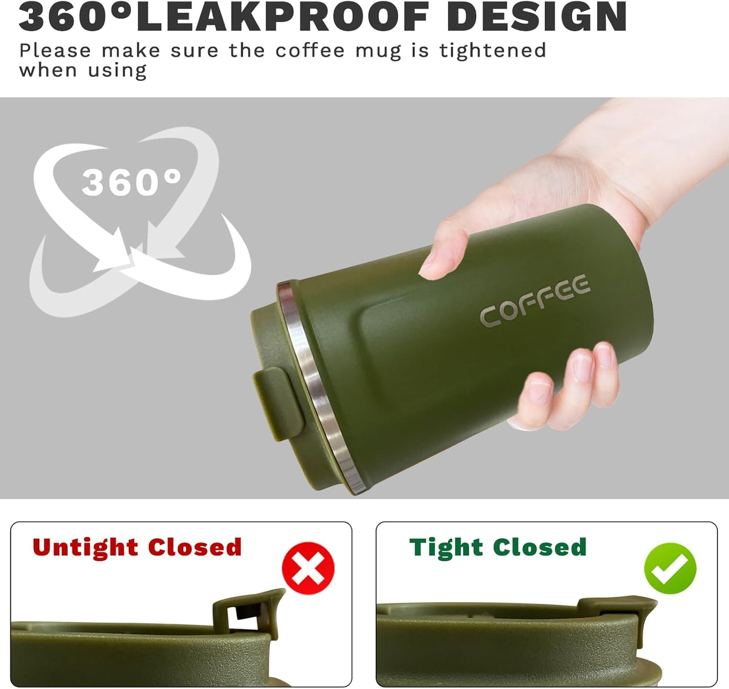 YINBAOGE Insulated Travel Coffee Mug Spill Proof Leak Proof Pobtable To Go Camping Stainless Steel Coffee Tumbler Reusable Coffee Cups with Lids Thermos for Hot and Cold Drink (2nd-Green, 17 OZ)