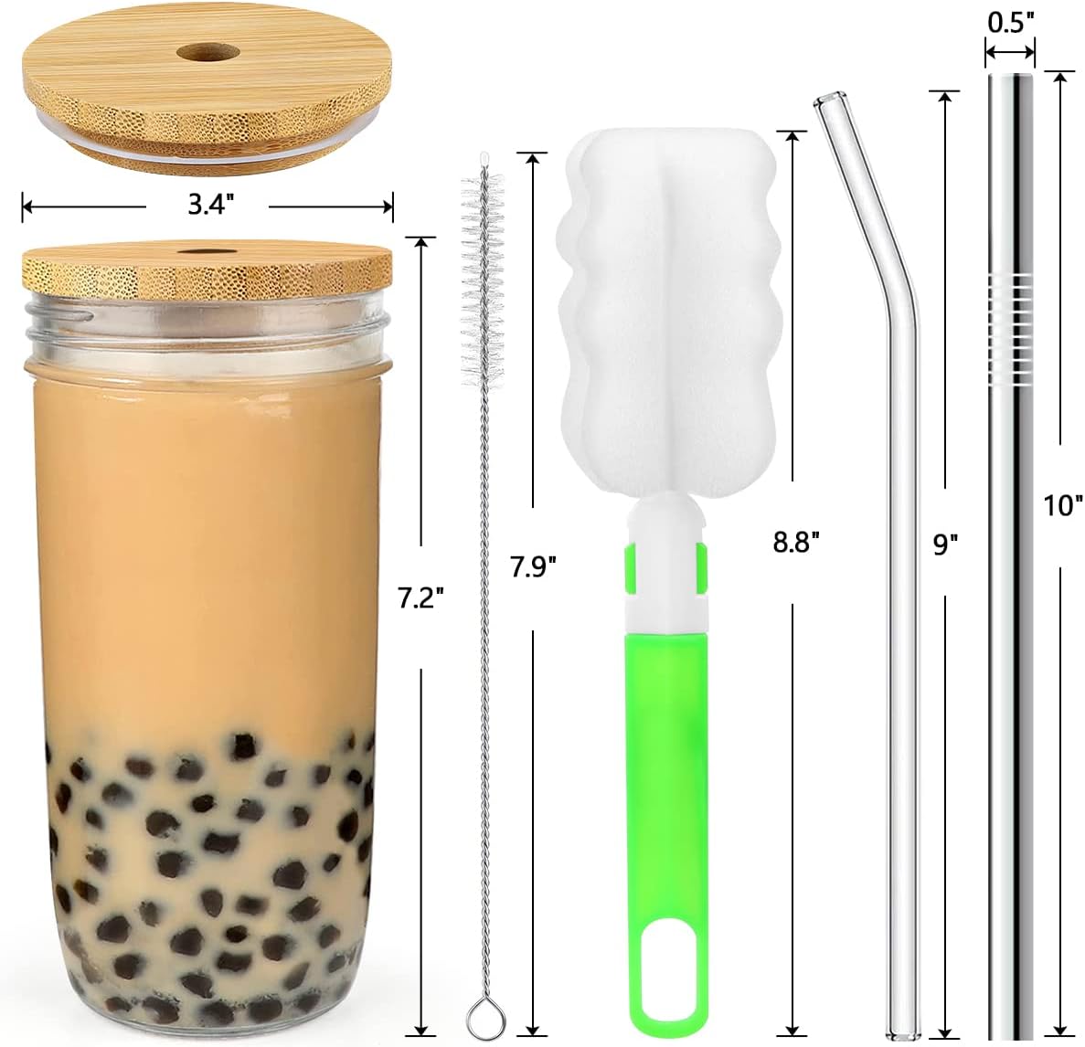 4-Pack 24oz Glass Cups with Lids and Straws - Wide Mouth Mason Jars, 12 Lids (Bamboo/Plastic) & 8 Straws - Reusable Tumblers for Smoothies, Iced Coffee