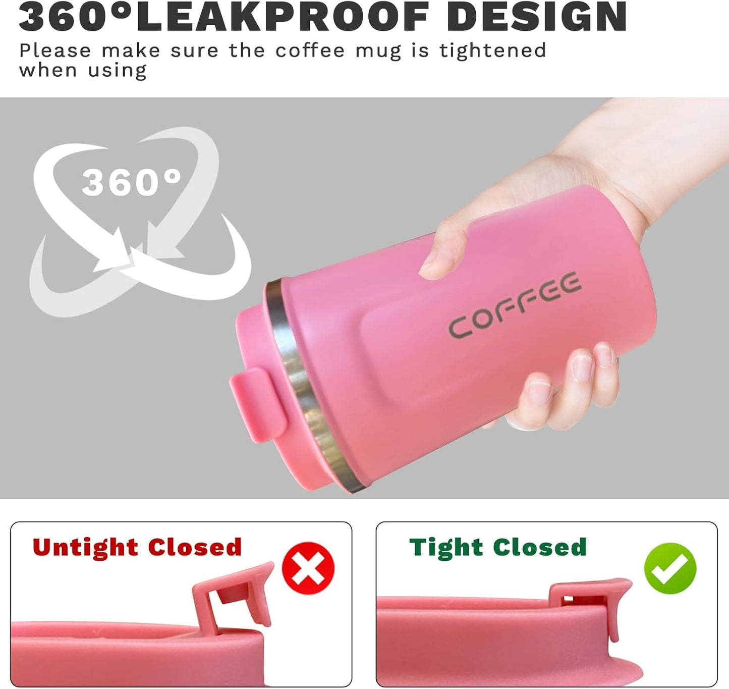 YINBAOGE Insulated Travel Coffee Mug Spill Proof Leak Proof Pobtable To Go Camping Stainless Steel Coffee Tumbler Reusable Coffee Cups with Lids Thermos for Hot and Cold Drink (2nd-Pink, 17 OZ)