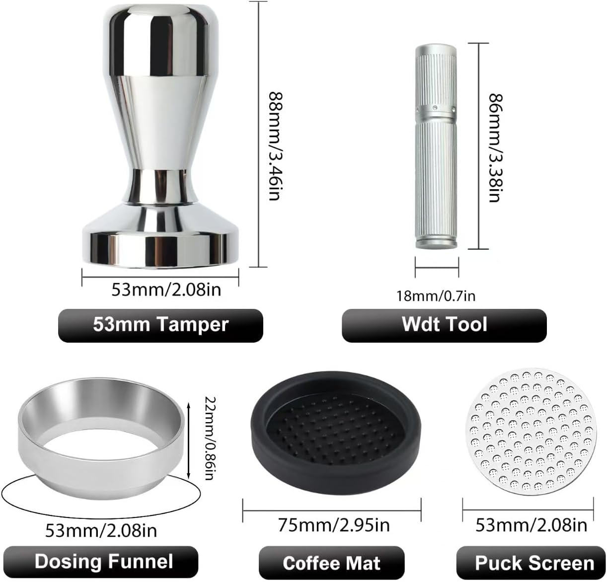 53mm Espresso Accessories Kit,Wdt Tool Espresso,Solid Espresso Tamper,Dosing Funnel and Coffee Puck Screen,Silicone Tamper Mat,0.4mm Stainless Steel 6pin Espresso Stirrer,Barista Tools Espresso Kit