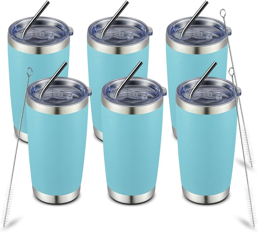 COMOOO 20oz 6 Pack Double Wall Vacuum Insulated Travel Mug, Stainless Steel Tumbler with Lid, Durable Powder Coated Insulated Coffee Cup for Cold & Hot Drinks (Light Blue, 6 Pack)