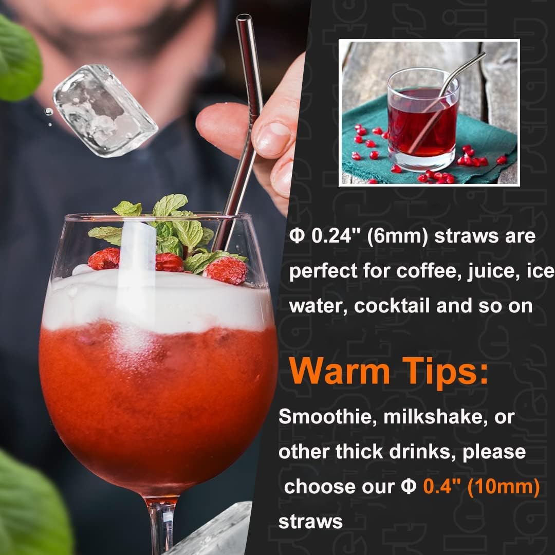 Vinaco Stainless Steel Straws Reusable, 12 Pack 8.5" & 10.5" Metal Straws 0.24" for 20 oz - 32 oz Tumblers, Long Drinking Straws with Cleaning Brush for Coffee, Juice, Cocktail and Hot Drinks