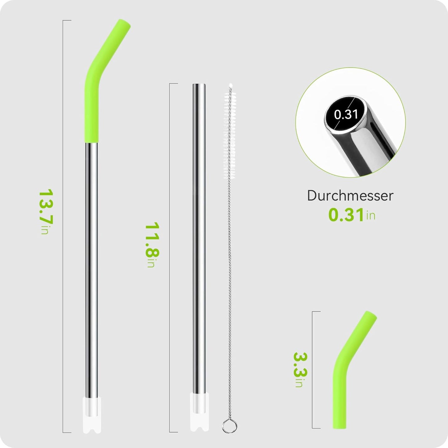 Snowfall Metal Straw for Stanley 30 OZ, 2 Pcs Reusable Long Stainless Steel Drinking Straws with Silicone Tip, 1 Straw Brush, BPA Free (Apple Green)