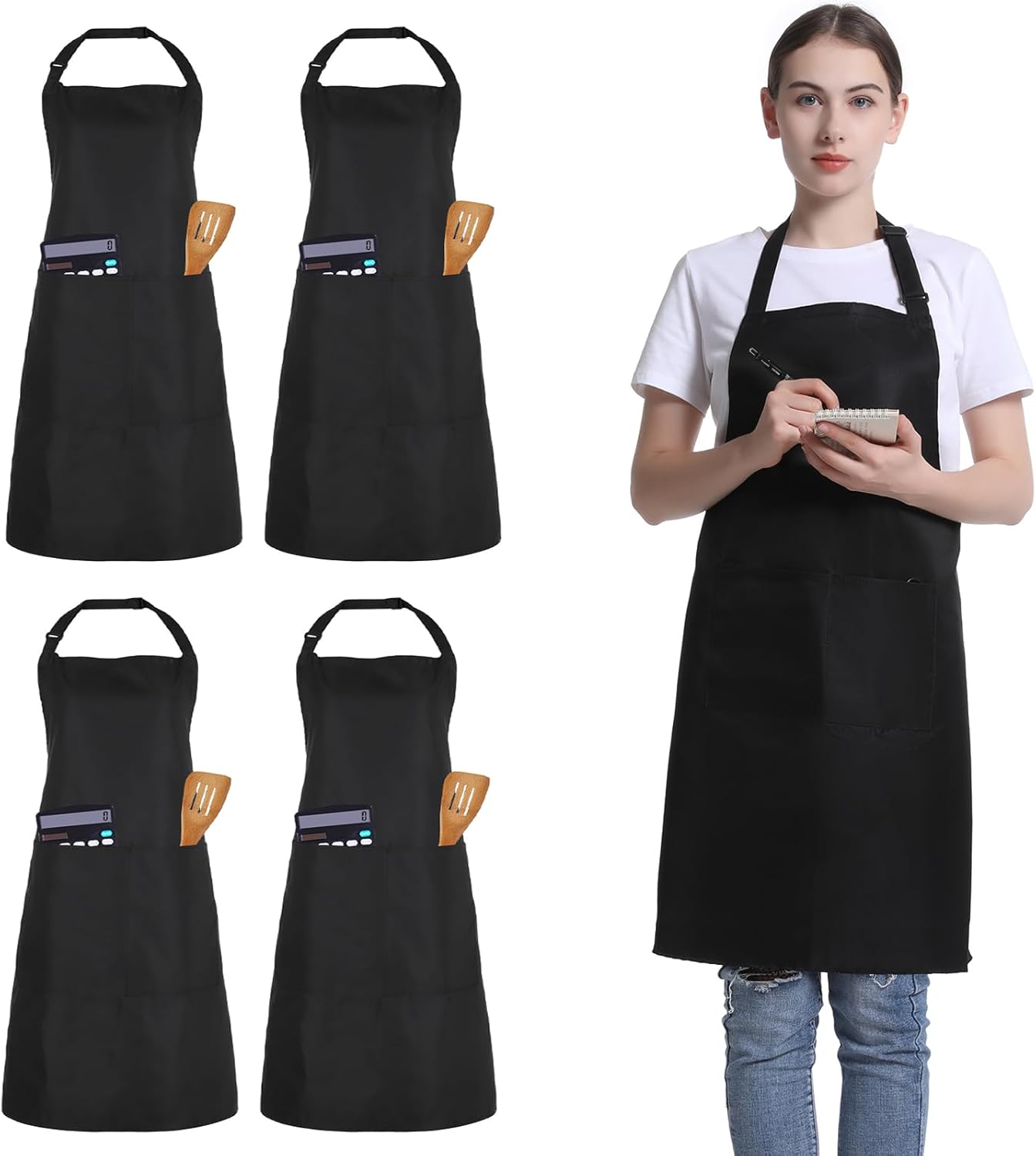 4 Pack Chef Apron, Adjustable Apron with 2 Pockets, Unisex Personalised Apron for Cooking, Kitchen, Restaurant