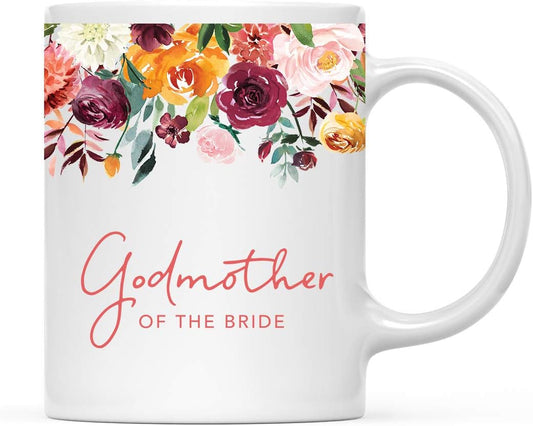 Andaz Press 11oz. Wedding Ceramic Coffee Tea Mug Gift, Fall Autumn Burgundy Orange Peach Flowers Roses Florals, Godmother of the Bride, 1-Pack, Includes Gift Box