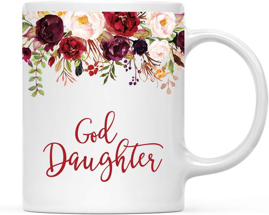 Andaz Press 11oz. Mother's Day Ceramic Coffee Tea Mug Gift, Fall Autumn Marsala Burgundy Flowers Roses Florals, God Daughter, 1-Pack, Includes Gift Box, Birthday Christmas Gift Ideas