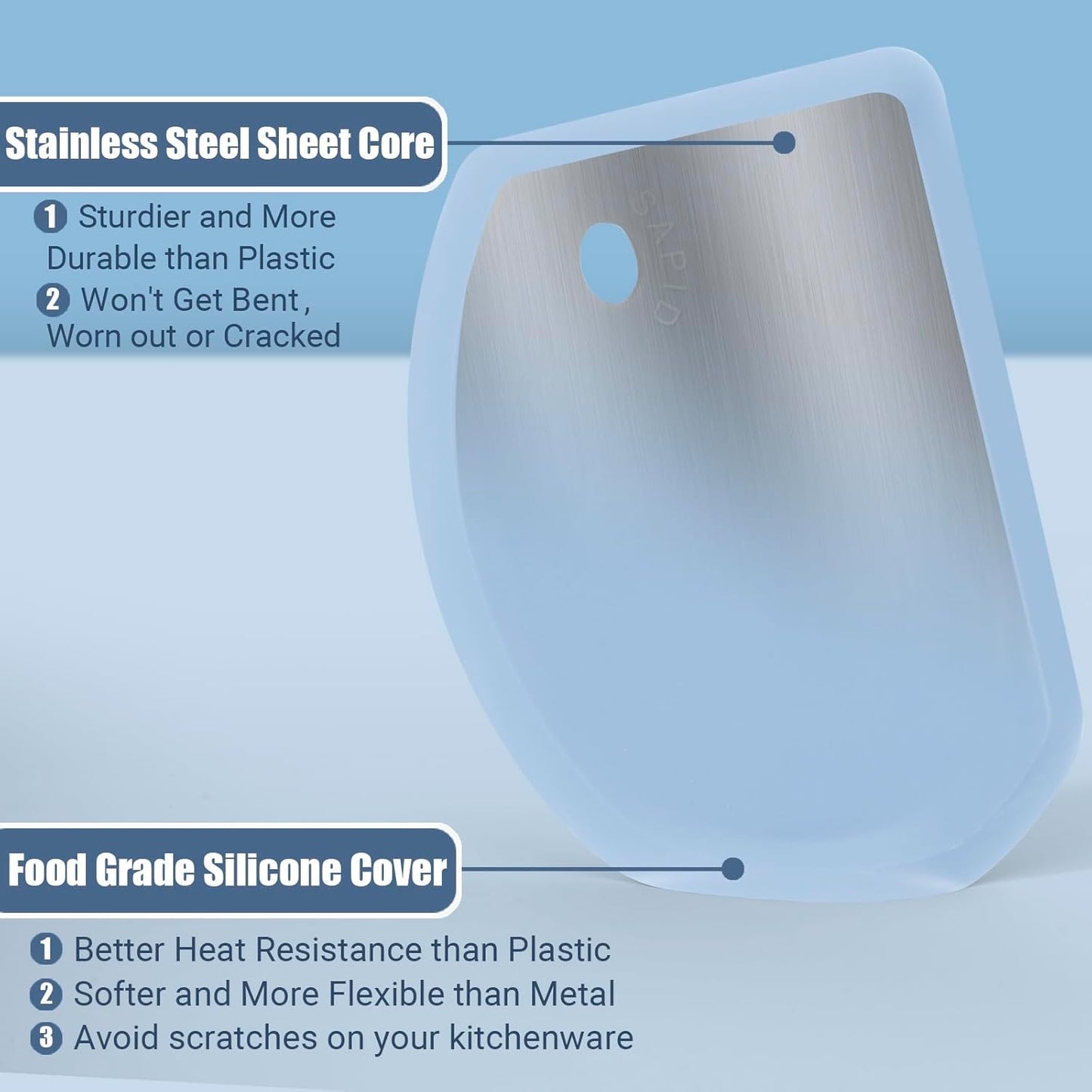 Silicone Dough Scraper with Stainless Steel Sheet, Curved Edge Flexible Bowl Scraper for Baking, Food Grade Silicone Bench Scraper for Sourdough Bread Proofing Basket, 5.98" × 4.3", Blue, SAPID