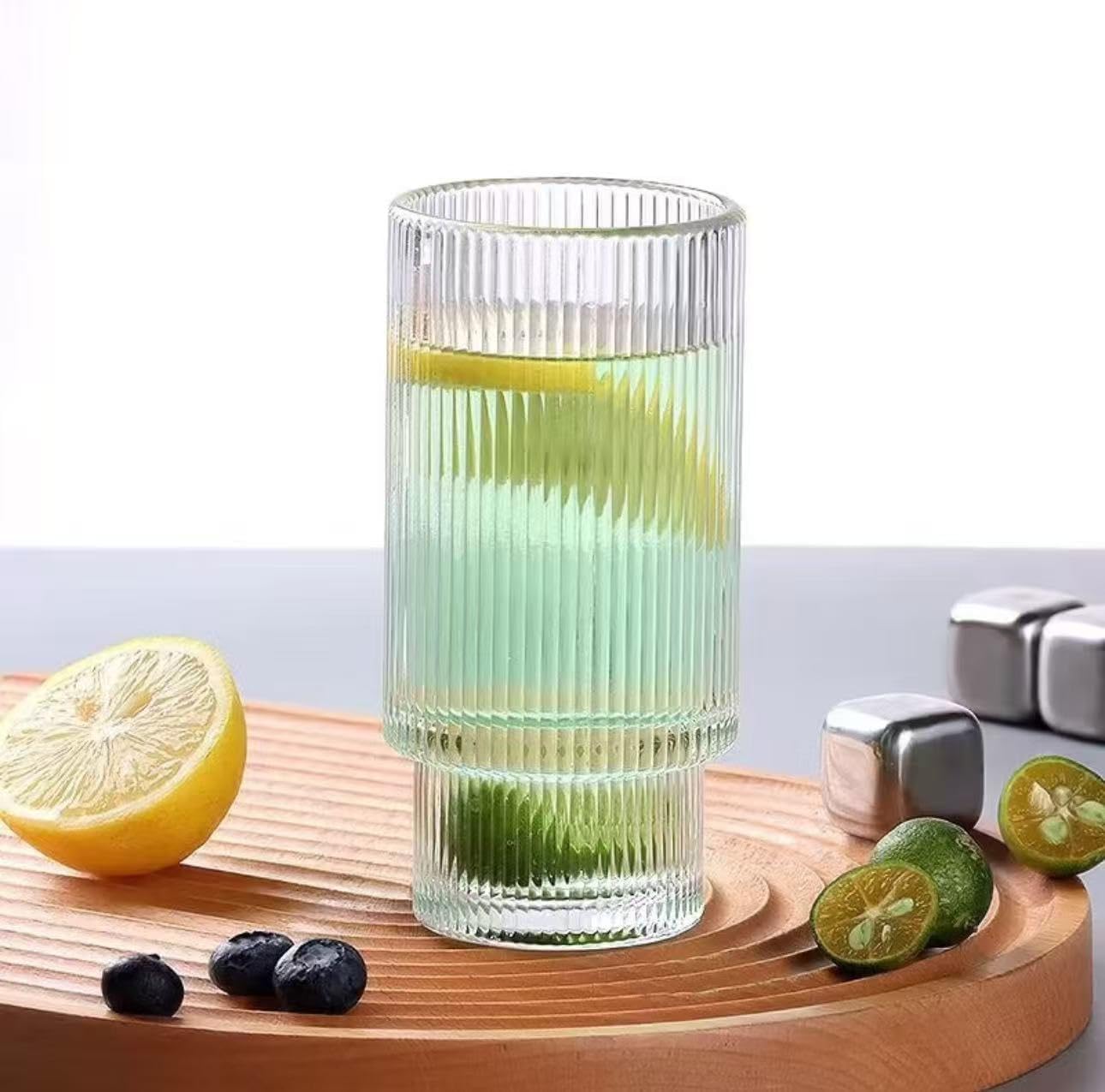 16OZ Ribbed Glass Cups with Lids and Straws,Iced Coffee Cups with Lid,Vintage Glassware for Whiskey Cocktail Beer Fruit Juice Glasses Tumbler(1Pack)