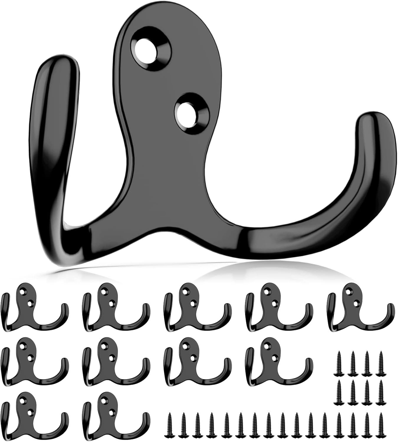 12 Heavy Duty Double Prong Coat Hooks | Wall Hooks with 24 Screws for Kitchen, Grocery Room, Bedroom