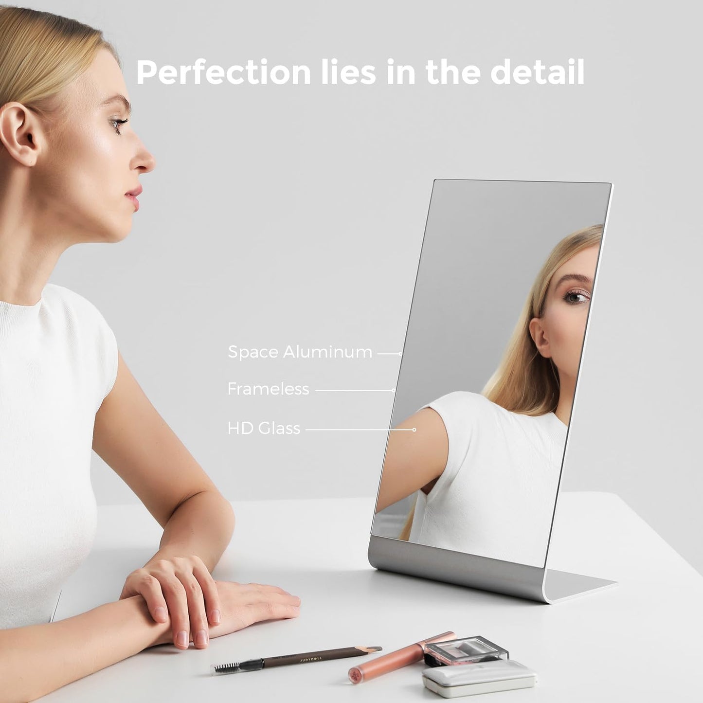 Frameless Makeup Mirror for Desk, 15 Inch Aluminum Standing Table Mirror, Large Counter Top Mirror