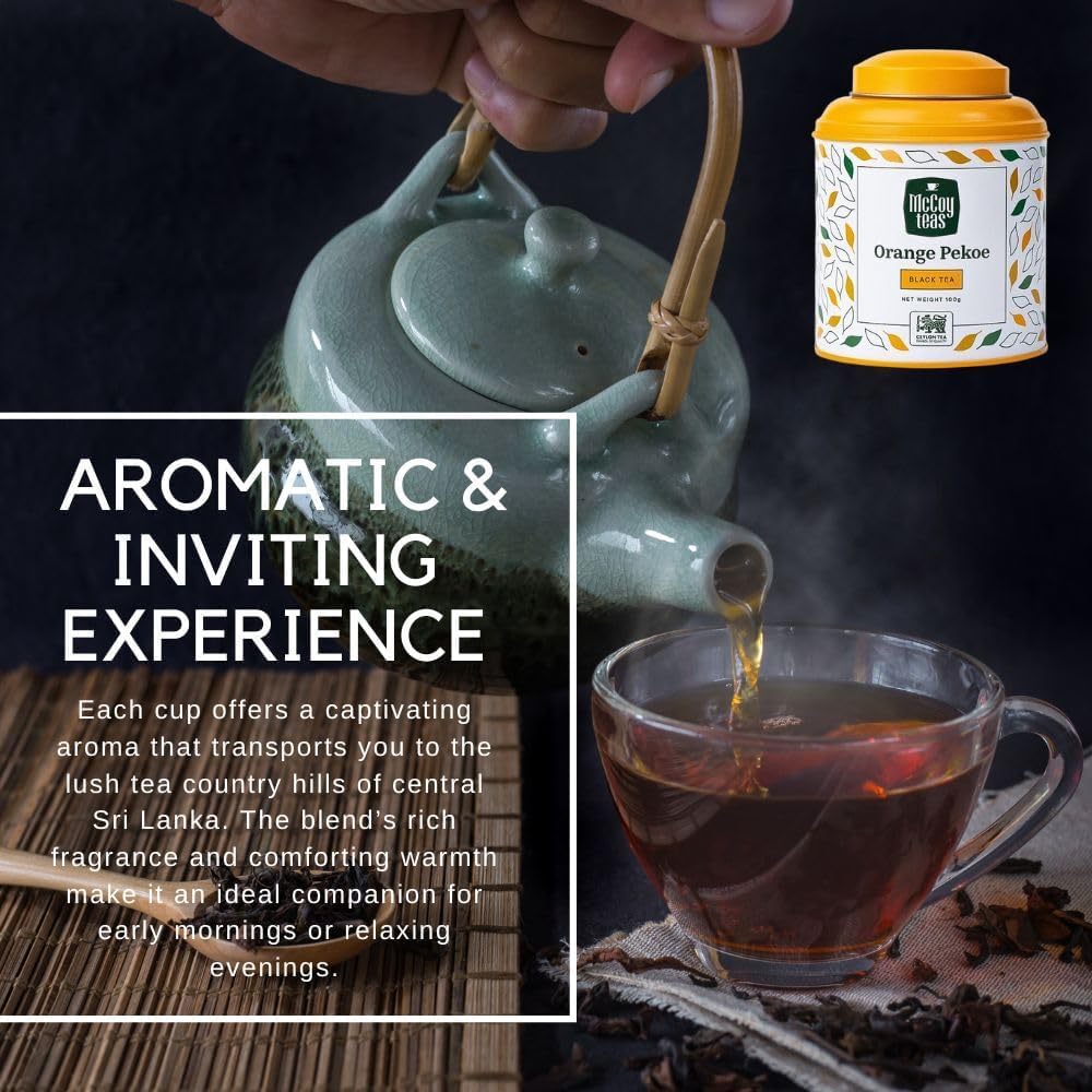 McCoy Teas Orange Pekoe Black Tea Loose Leaf Tea with Rich Smooth and Aromatic Brew Make Hot or Cold Ice and Brews with Premium Tea from Sri Lanka, 100g Can (Pack of 01)