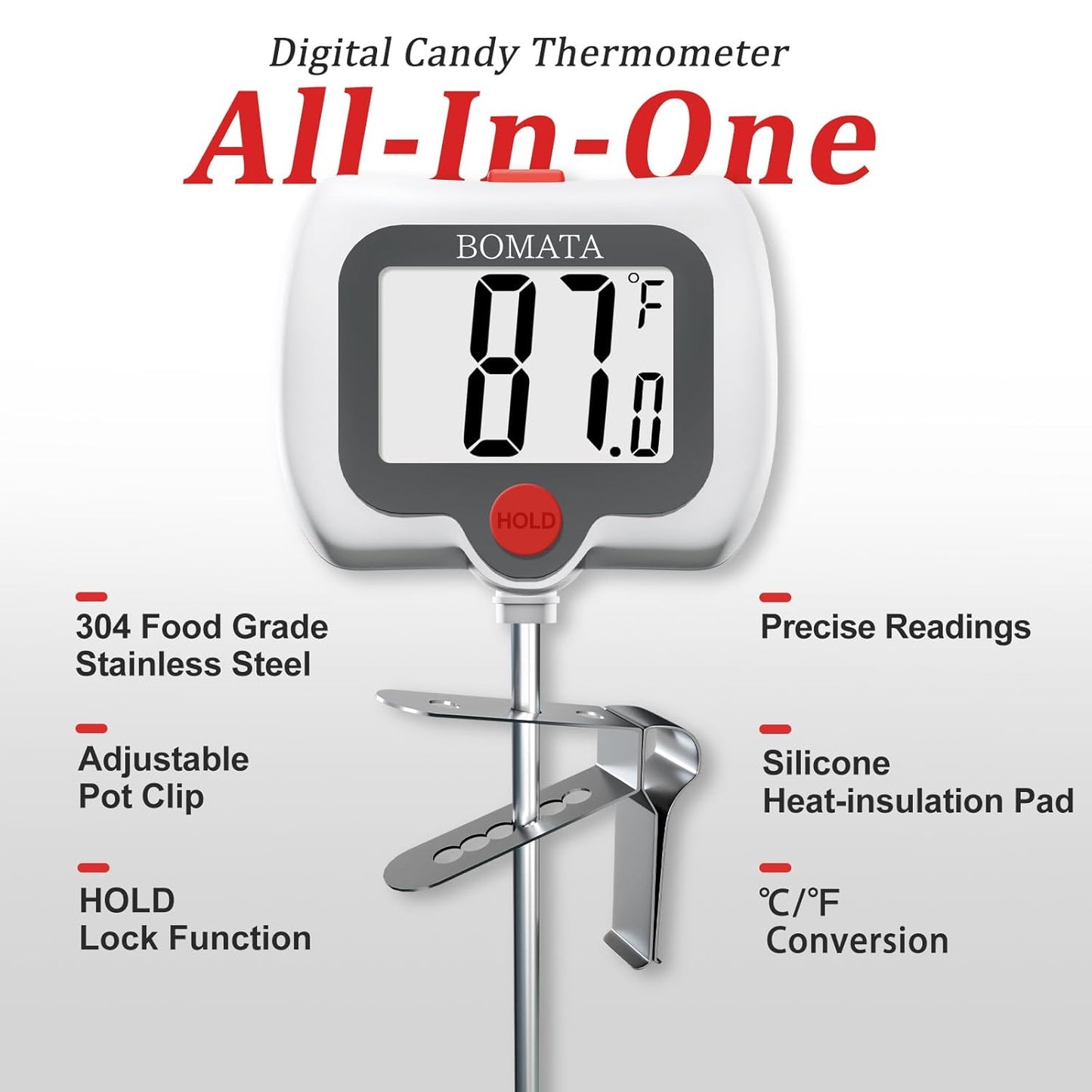 BOMATA Candy Thermometer with Pot Clip, Instant Read Cooking Thermometer with 8" Long Probe, Rotating Display, for Candy Making, Food, Candle Making, Liquids, Water, Baking, Sugar, Grilling. White