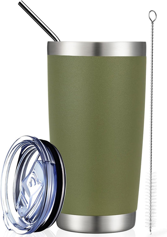 COMOOO 20oz Double Wall Vacuum Insulated Travel Mug, Stainless Steel Tumbler with Lid and Straw Durable Powder Coated Insulated Coffee Cup for Cold & Hot Drinks（Army Green, 1 Pack）