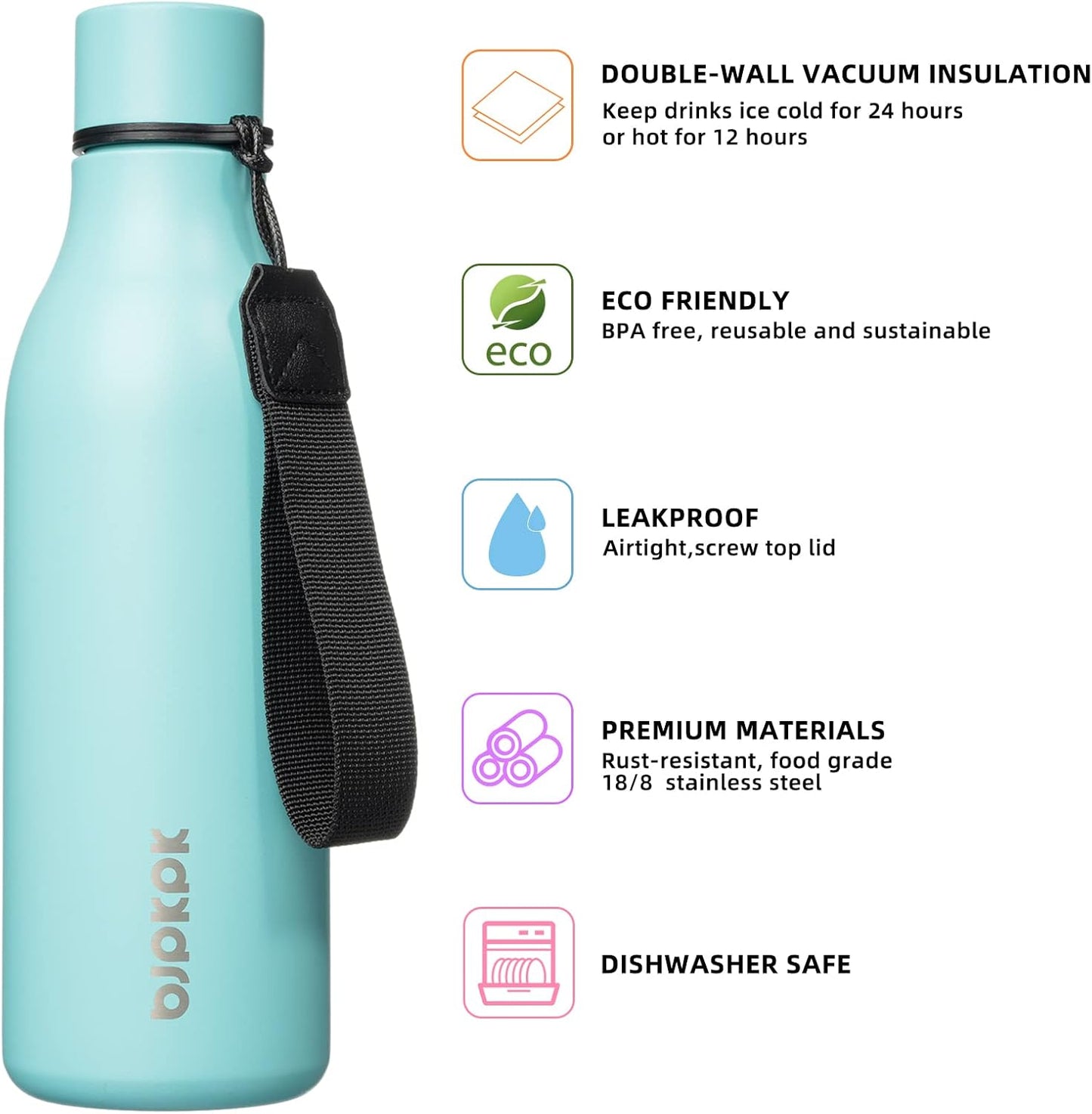 BJPKPK Insulated Water Bottles, 18 oz Stainless Steel Metal Water Bottle with Strap, BPA Free Leak Proof Thermos, Mugs, Flasks, Reusable Water Bottle for Sports & Travel, Turquoise