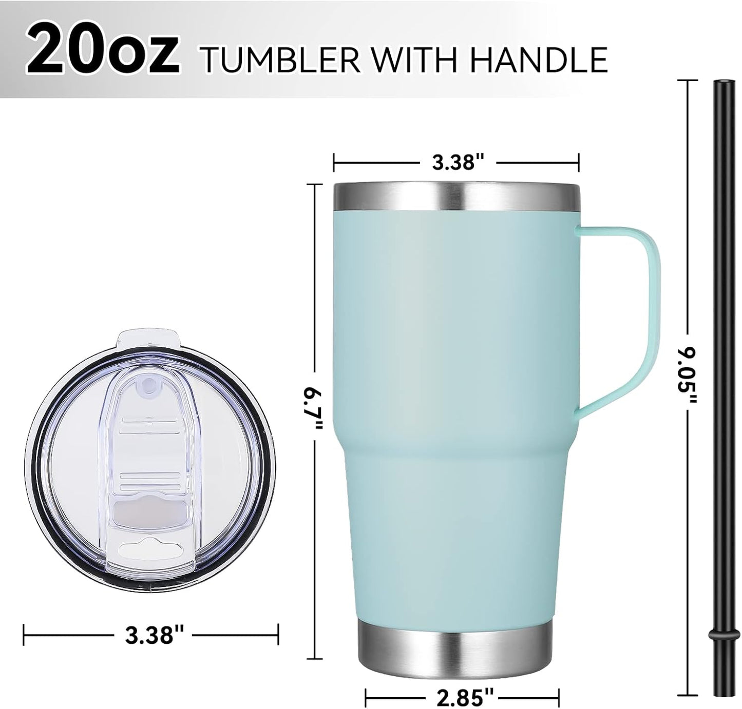 VEGOND 20 oz Tumbler with Handle Lid and Straw, Stainless Steel Insulated Travel Coffee Mug Spill Proof Double Wall Metal Tumbler Cup Keeps Drink Hot and Cold, Mint Green 1 Pack