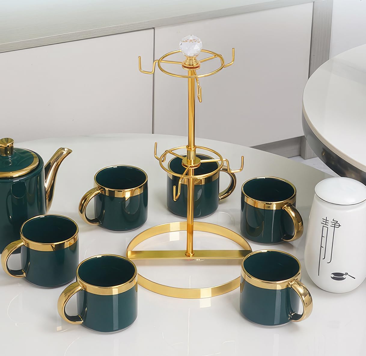 Coffee Mug Tree Holder for Counter,Double Tier Mug TeaCup Metal Holders Countertop,Golden Coffee Mug Tea Cup Stand Rack for Counter Top 6 Hooks(Gold,Crystal Ball)