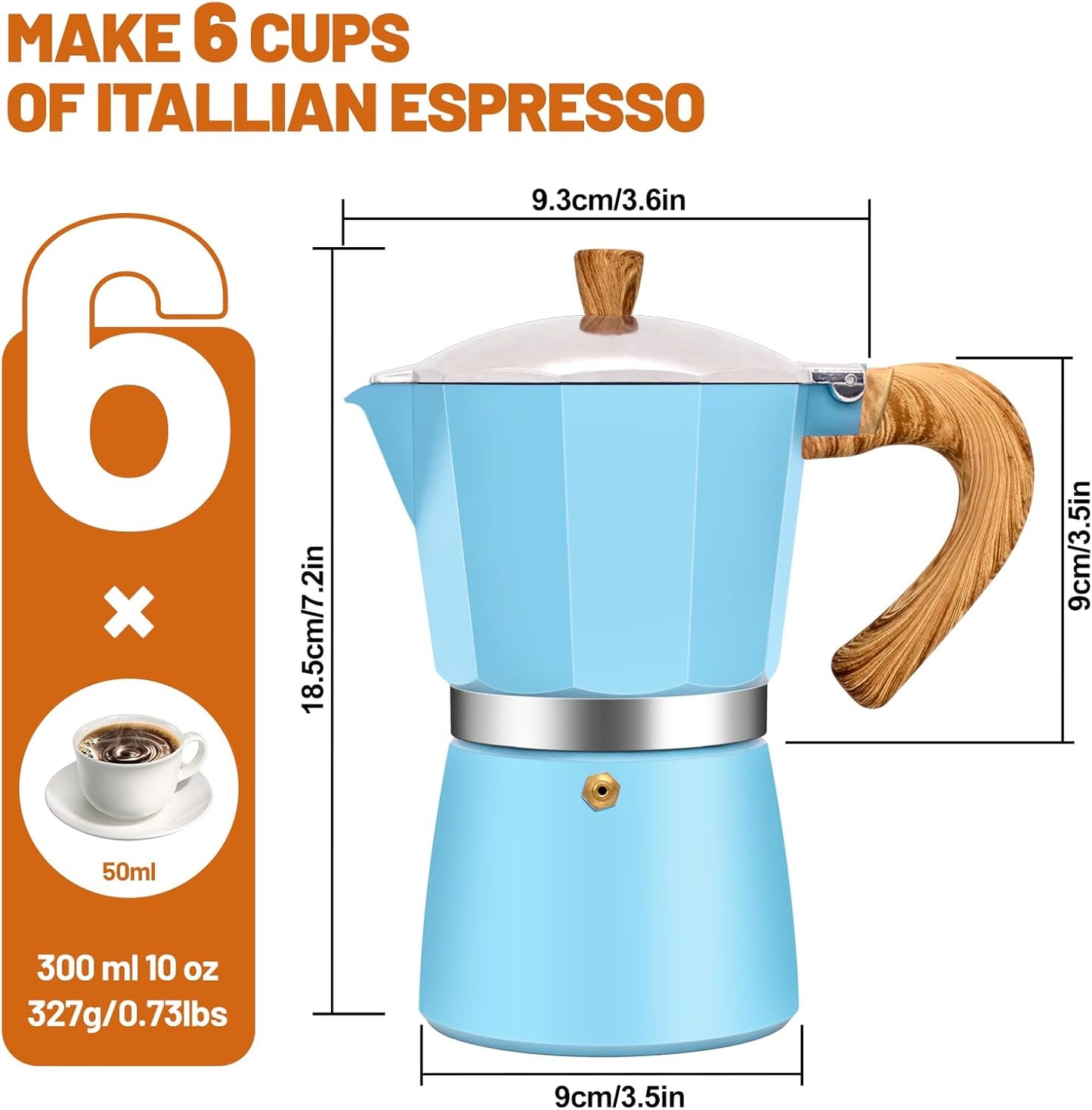 6 Cup Aluminum Espresso Stovetop Moka Pot Express Coffee Maker Percolator Italian Classic Mocha Coffee Machine for Italian and Cuban Cafe Brewing for Home & Camping 300ml 10oz