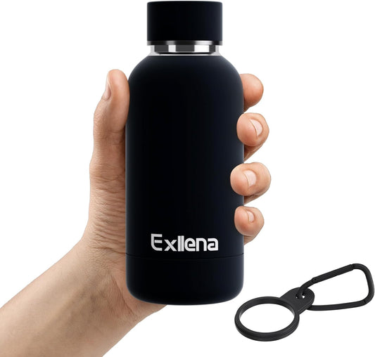 Small Water Bottle 12oz with Clip, Double Wall Stainless Steel Vacuum Small Insulated Water Bottle Keeps Drinks Cold 24 Hrs/Hot 12 Hrs for Kids Handbag School BPA Free (Black)