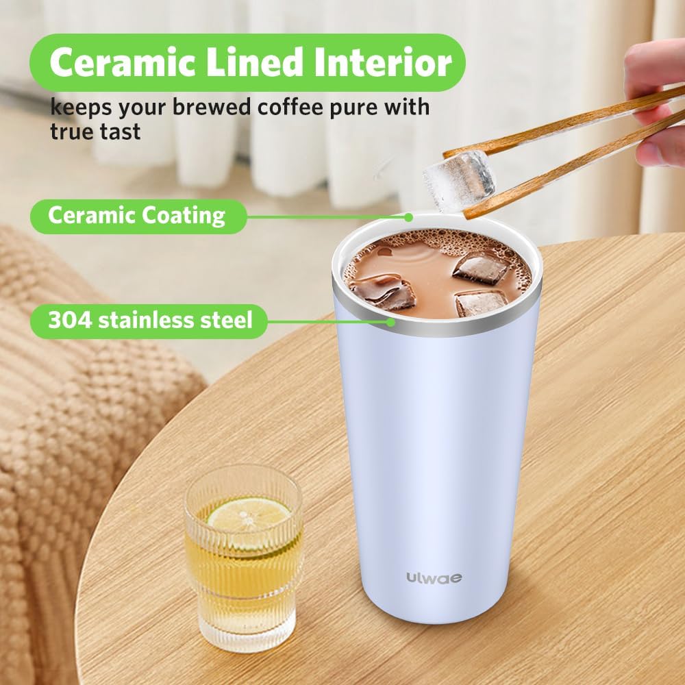 Insulated Coffee Mug with Ceramic Coating, 18oz Travel Mug with Leak-proof Lid, Vacuum Double-wall Tumbler, Stainless Steel Thermal Cup for Tea, Hot Cocoa, Cold Beverage, Ice Drinks