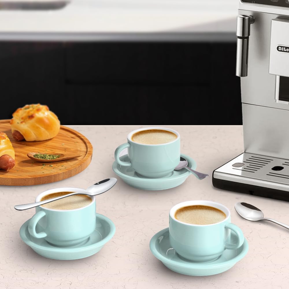 homEdge Premium Espresso Shot Cups and Saucers Set with Espresso Stainless Steel Spoons - 2.5 oz, Set of 4, Mint Green