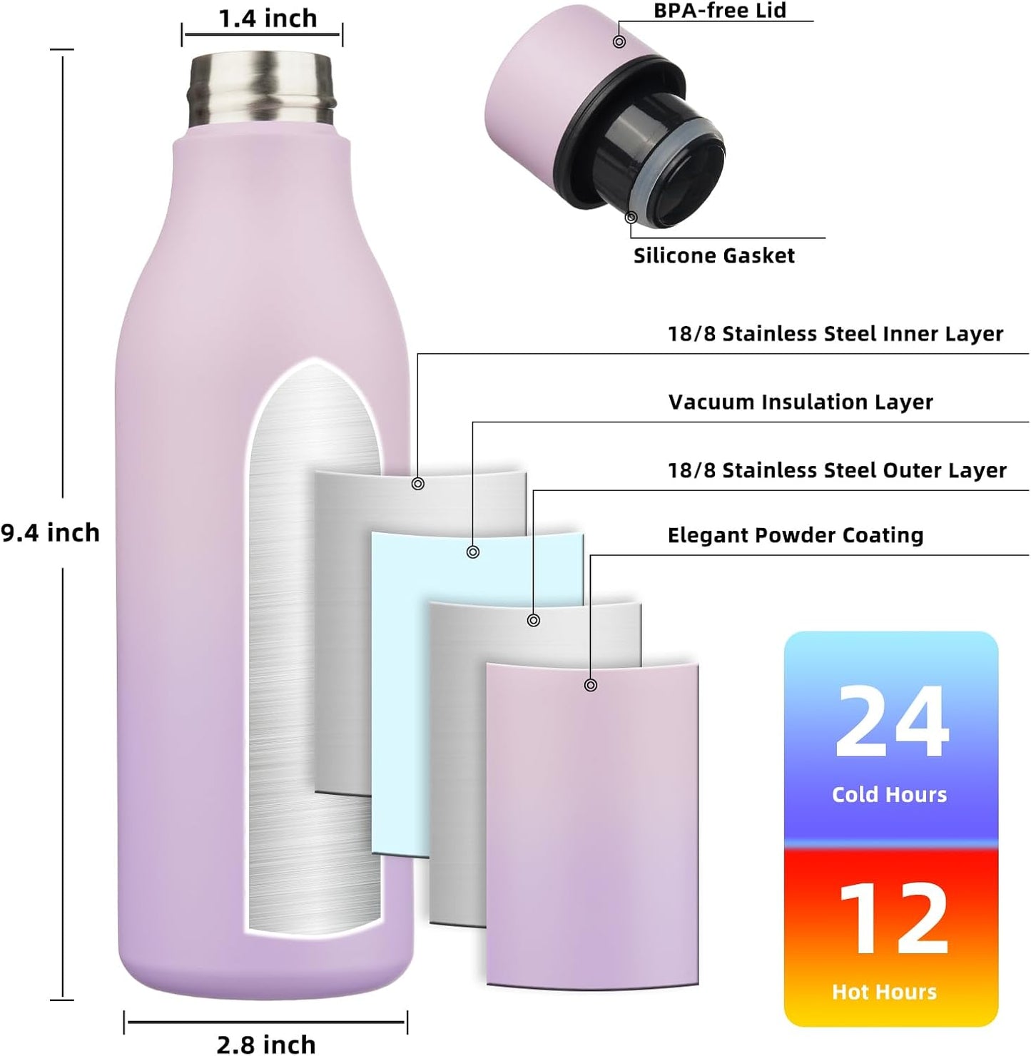 BJPKPK Insulated Water Bottles, 18 oz Stainless Steel Metal Water Bottle with Strap, BPA Free Leak Proof Thermos, Mugs, Flasks, Reusable Water Bottle for Sports & Travel, Dreamy Purple
