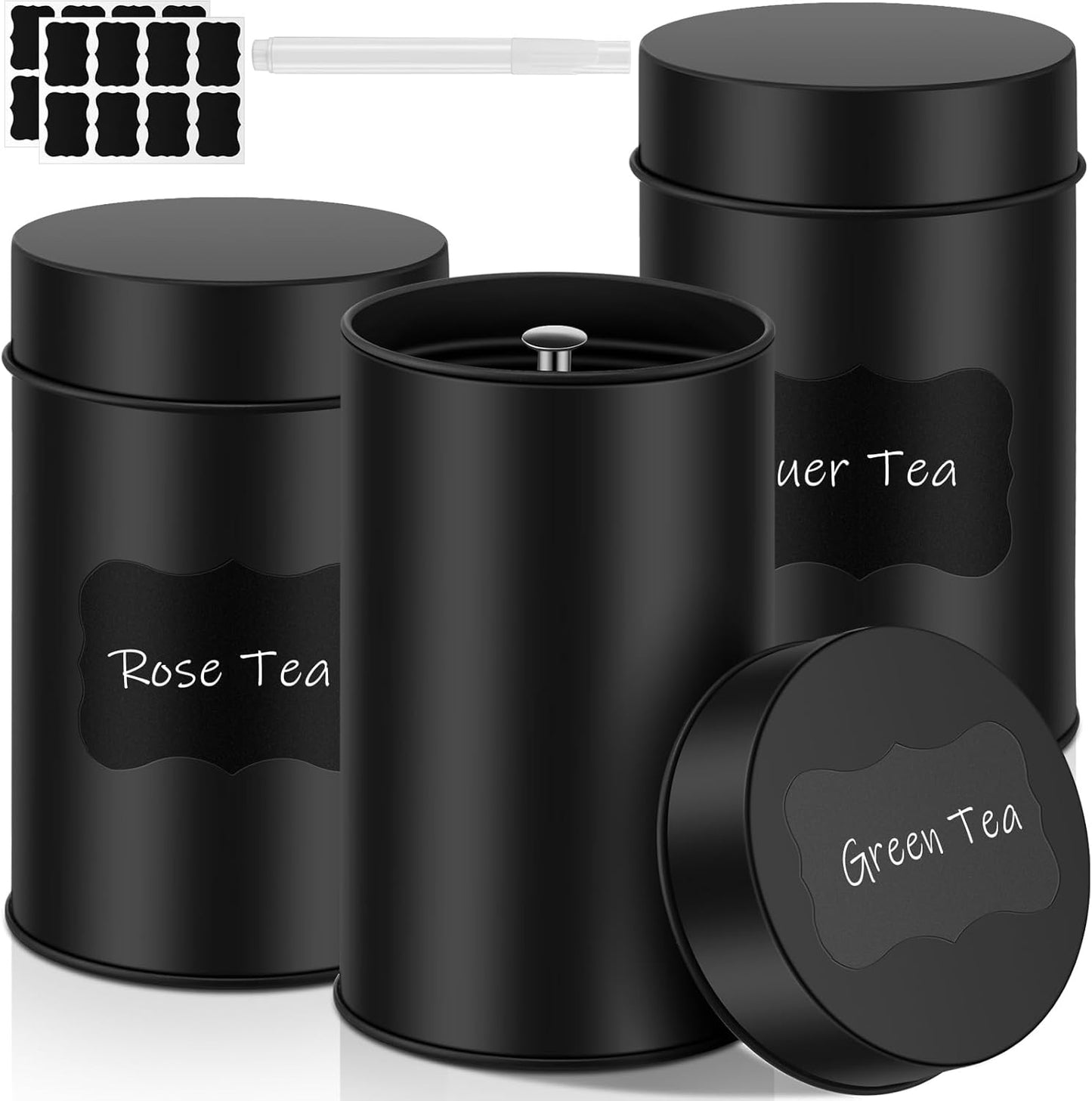 Tanlade 3 Pcs Tea Tin Canister Metal Round Can with Airtight Lid Double Sealed Tea Tin Canisters, with 1 Erasable Chalk Marker and 16 Stickers for Loose Leaf Coffee Sugar, 16 oz