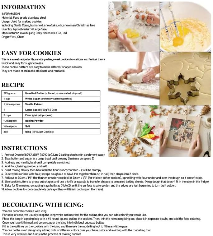 Large Christmas Cookie Cutters,4" Holiday Sturdy Molds thickened Stainless Steel with Recipe Instruction,Snowman, Christmas tree, elk, snowflake.