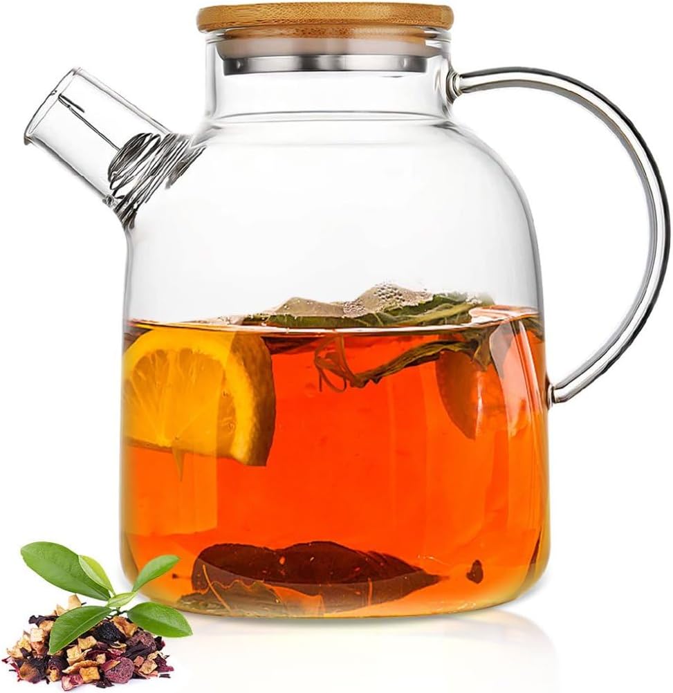 60.8oz Glass Teapot, Stovetop & Microwave Safe Glass Borosilicate Tea Pot,Clear Teapot with Strainer, Glass Tea Kettle with Wooden Lid, Loose Leaf、Fruit Tea and Fragrant Tea