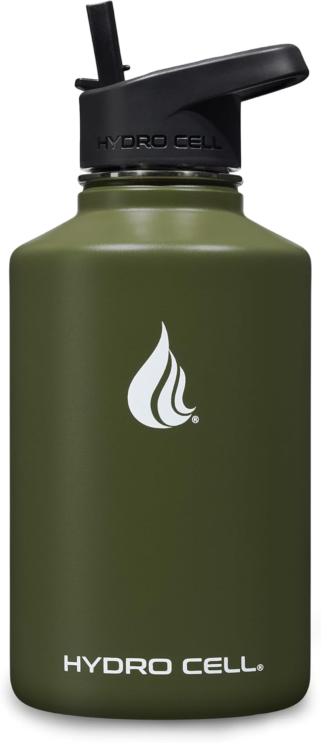 HYDRO CELL Stainless Steel Insulated Water Bottle with Straw - For Cold & Hot Drinks - Metal Vacuum Flask with Screw Cap and Modern Leakproof Sport Thermos for Adults (Army 64oz)