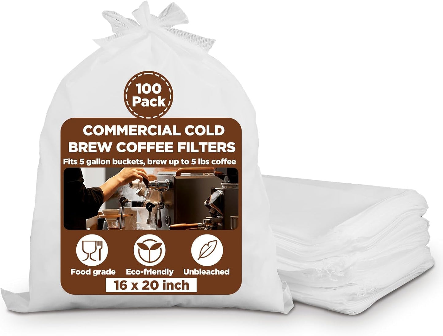 100 Pack 16" x 20" Commercial Cold Brew Coffee Filters – Disposable Non-Woven Fabric Filter Bags for 5-Gallon Buckets, Coffee Shops & Home Brewing